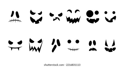 Collection of  Spooky Halloween pumpkin face smile icon design isolated on white background. Flat black silhouette scary ghost face expressions mask element for the holiday decoration.