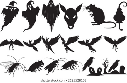A collection of spooky Halloween silhouettes including ghosts, witch figures, creepy animals, insects, and graveyard birds