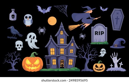 Collection of Spooky Halloween Vector Illustration Elements. Haunted house, creepy tree, flying witch, pumpkins, halloween ghost, owl, coffin lid etc