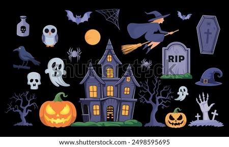 Collection of Spooky Halloween Vector Illustration Elements. Haunted house, creepy tree, flying witch, pumpkins, halloween ghost, owl, coffin lid etc