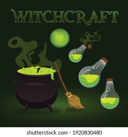 collection of spooky Halloween witch craft items in bright neon green color and dark background. Can be used for party posters or other digital graphics even can be printed on shirts and gifts.