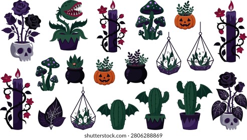 A collection of spooky Halloween-themed botanical illustrations featuring skulls, pumpkins, candles, bats, cacti, and ghosts in pots.