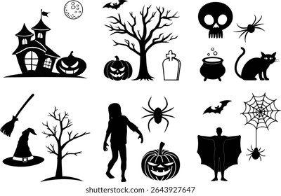 A collection of spooky Halloween-themed silhouette illustrations, perfect for adding a scary touch to your designs