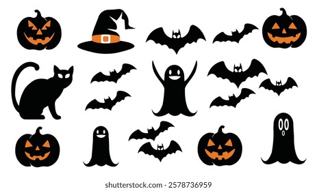 A collection of spooky Halloween-themed silhouettes featuring bats, ghosts, pumpkins, a black cat, and a witch hat.