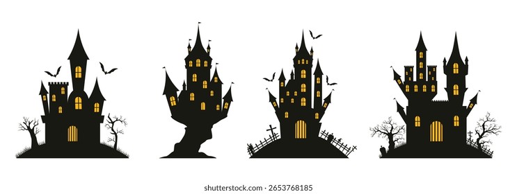 Collection of spooky haunted house silhouettes featuring graves, crosses, and creepy trees. Vector illustration.