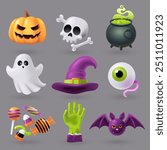 Collection of spooky objects and characters. Halloween design elements in 3d style. Decorations for children