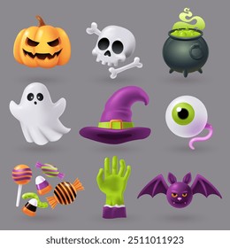 Sammlung unheimlicher Objekte und Charaktere. Halloween Designelemente im 3D-Stil. Dekorationen für Kinderdesign zur Feier von Halloween. Vektorgrafik.