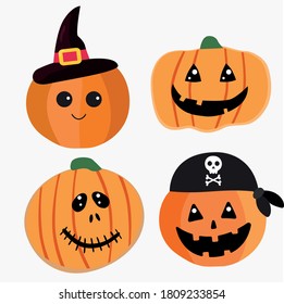 Collection of spooky pumpkins for halloween. Vector Illustration.