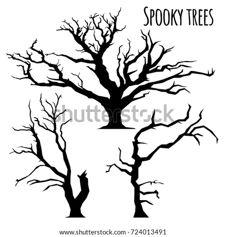 Collection of spooky trees silhouettes on the white background