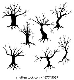 Collection of spooky trees silhouettes. Tree  with protruding roots of vector isolated on white.