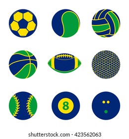 Collection of sport ball icon with Brazil flag color concept vector illustration