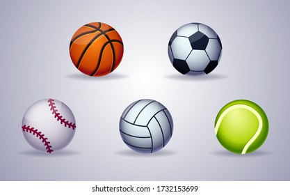 Collection of sport balls isolated. Soccer, Basketball, Baseball, volleyball, Tennis as healthy recreation and leisure fun activities for team and individual playing for health vector design.
