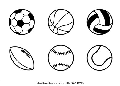 Collection of sport balls. Soccer, basketball, volleyball, american football, baseball and tennis icons.