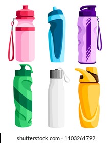 Collection of sport bottles. Bicycle plastic bottle. Outdoor activities. Different forms of water containers. Vector illustration isolated on white background.