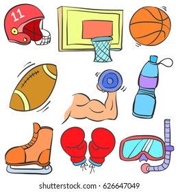 Collection of sport equipment doodle style
