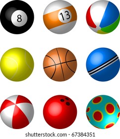 Collection of Sport and game balls illustration vector - snooker, pool, beachball, tennis, basket, cricket, play, bowling balls.