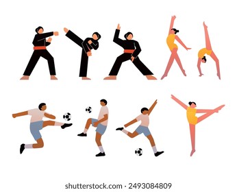 Colección de Ilustraciones de Personas Deportivas. Perfecto para Diseños atléticos y de fitness. Iconos activos. Corredores, ciclistas, nadadores, gimnastas. Arte vectorial plano aislado.