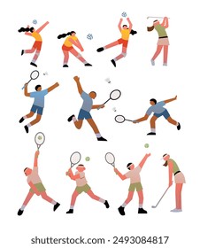 Colección de Ilustraciones de Personas Deportivas. Perfecto para Diseños atléticos y de fitness. Iconos activos. Corredores, ciclistas, nadadores, gimnastas. Arte vectorial plano aislado.