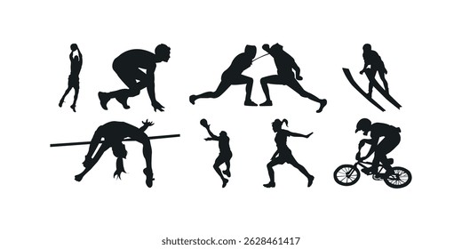 Collection of sport silhouettes in vector format showing athletes in various physical activities and exercise poses ideal for fitness and competition themes
