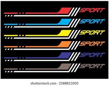 A collection of SPORT text and cool colorful variation lines, vehicle sticker print designs.