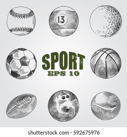 Collection of sporting items sketches isolated on white background. Set of hand drawn balls for soccer or football, basketball, baseball, golf and tennis, bowling and billiards vector illustration.