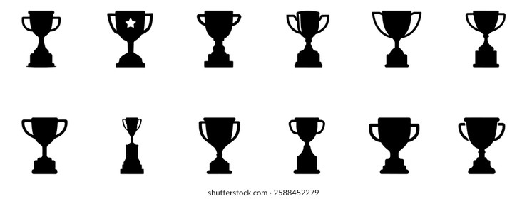 A collection of sports awards consisting of black trophy silhouettes on a white background, symbolizing championship awards.