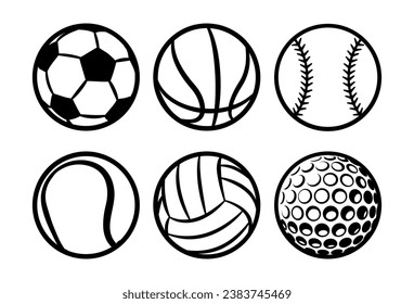 Collection of sports balls black and white vector images. Silhouette graphics of football, soccer, baseball, basketball, bowling, snooker, volleyball, tennis and golf.