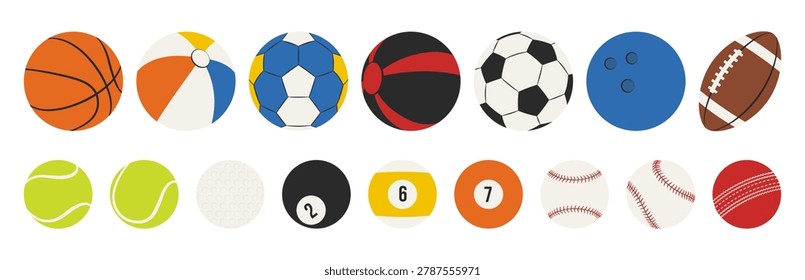Collection of sports balls in flat vector style. Includes basketball, beach ball, handball, medicine ball, soccer, bowling, rugby, tennis, golf, billiard, baseball and cricket balls.