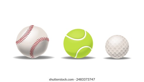 Colección De Pelotas Deportivas Incluyendo Una Pelota De Béisbol, Una Pelota De Tenis Y Una Pelota De Golf Aisladas Sobre Fondo Blanco