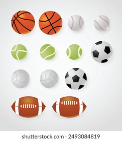 Colección de Pelotas Deportivas. Perfecto para Diseños deportivos y recreativos. Ilustraciones de bola icónicas. Fútbol, Baloncesto, Tenis, Fútbol. Arte vectorial plano aislado.