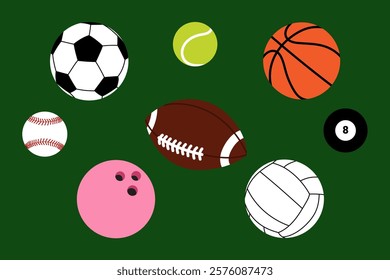 Collection of sports balls – soccer, basketball, baseball, tennis, football, bowling, volleyball, and billiard ball. Cartoon-style illustration for sports themed, games, and activities.