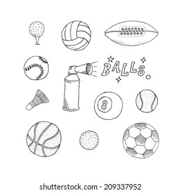 Collection Of  Sports Balls Vector Illustration Isolated Doodle stile