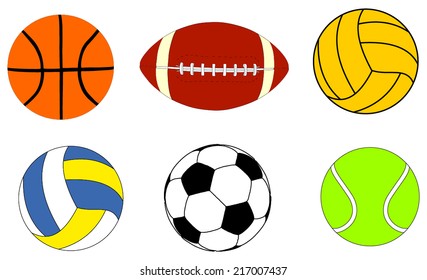 Collection Of  Sports Balls Vector Illustration isolated on white background. Basketball, football, rugby, water polo, volleyball, soccer ball, tennis ball.