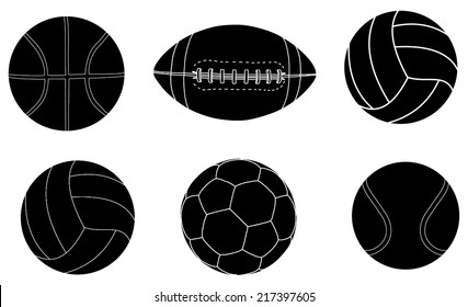 Collection Of  Sports Balls Vector silhouette Illustration isolated on white background.