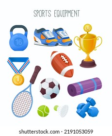 Collection of sports equipment commonly sold at a supermarket. Images for labels for sports goods department or online store, media and web. Isolated vector image.