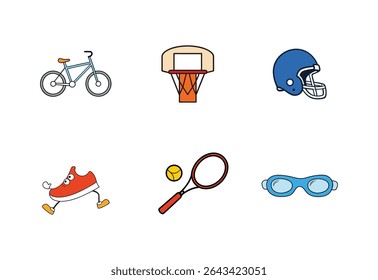 Uma coleção de equipamentos esportivos é exibida, incluindo um basquete de bicicleta aro um capacete de futebol, um tênis de corrida, raquete de tênis e óculos de natação isolados em um fundo branco limpo.