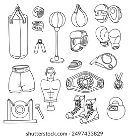 Collection of sports equipment, hand-drawn by doodle. A large set of sketched objects. Black and white illustrations for boxing, sports badges. Decorative elements of the box. Vector background design