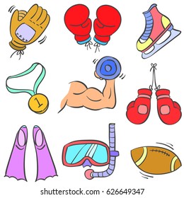 Collection sports equipment various doodles