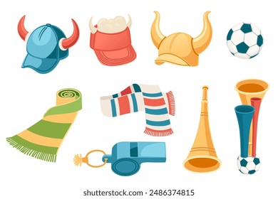 Collection of sports fan accessories cap hat scarf and trumpet vector illustration isolated on white background