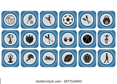 Collection of sports icons. Blue color, black silhouette, white, gray background. The concept of a healthy lifestyle, hobbies, lifestyle. Can be used as a button, sticker, icon for web design