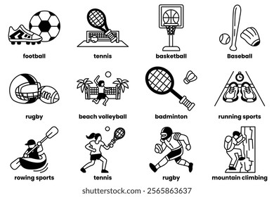 A collection of sports icons and their respective sports. The sports include baseball, basketball, football, tennis, and volleyball