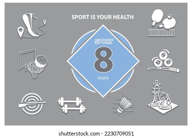 collection of sports icons vector,sports. Chess, billiards, basketball, tennis, running, dumbbells, chess, badminton
