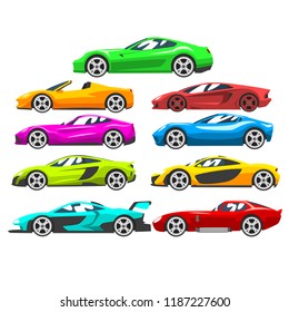 Collection Of Sports Racing Cars, Colorful Supercar, Side View Vector Illustration On A White Background