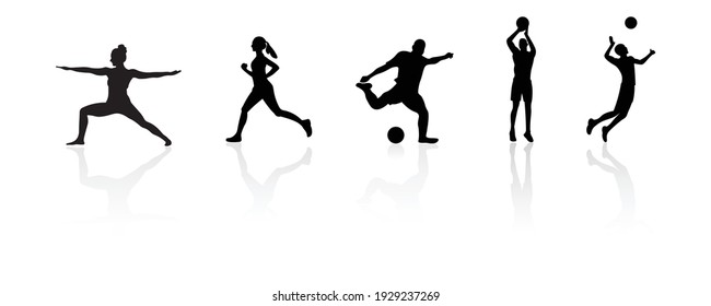 Collection of sports silhouettes. Yoga, basketball, football, volleyball and running.Atheltic people. Vector illustration