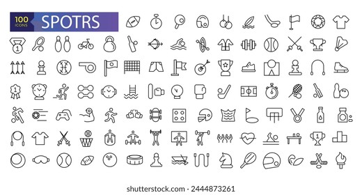 Collection of sports vector line icons. Icons of active lifestyle, hobbies, sports equipment and clothing.