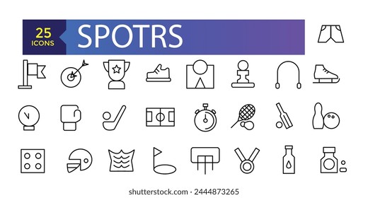 Colección de iconos de línea de Vector deportivo. Iconos de estilo de vida activo, aficiones, equipos deportivos y ropa.