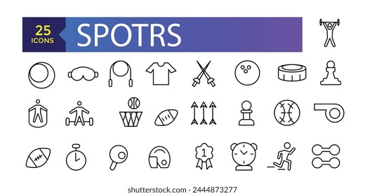 Collection of sports vector line icons. Icons of active lifestyle, hobbies, sports equipment and clothing.