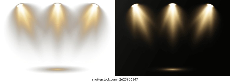 Collection of spotlights arranged in symmetrical lighting design. Stage lights shine vertically, highlighting dramatic show moments. Bright white beams cut through atmospheric haze effects. 