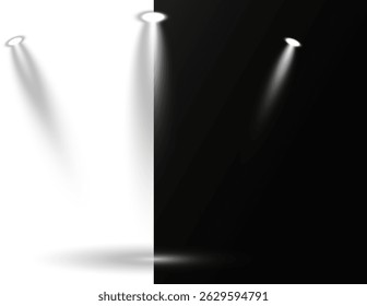 Collection of spotlights arranged in symmetrical lighting design. Stage lights shine vertically, highlighting dramatic show moments. Bright white beams cut through atmospheric haze effects. 
