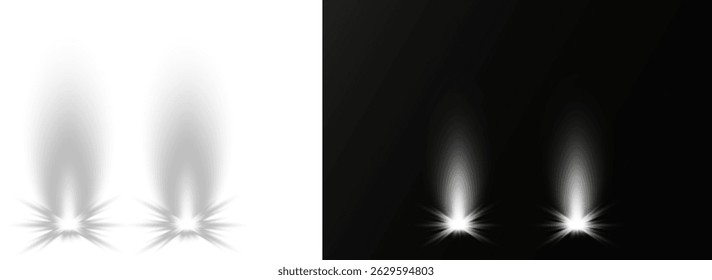 Collection of spotlights arranged in symmetrical lighting design. Stage lights shine vertically, highlighting dramatic show moments. Bright white beams cut through atmospheric haze effects. 